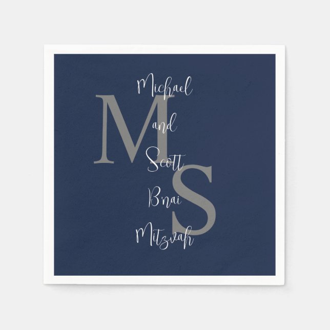 Serviette En Papier Navy Blue White B'nai Mitzvah Nom Monogramme (Devant)