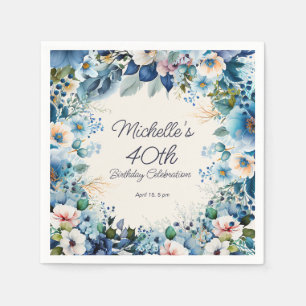 Serviette En Papier Navy Dusty Blue Blanc Floral 40e Anniversaire