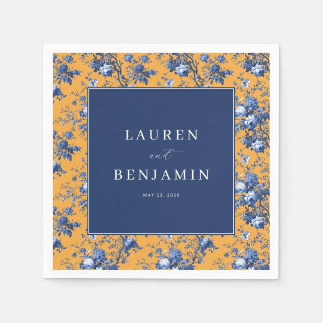 Serviette En Papier Navy et Fleurs Orange Élégantes (Devant)