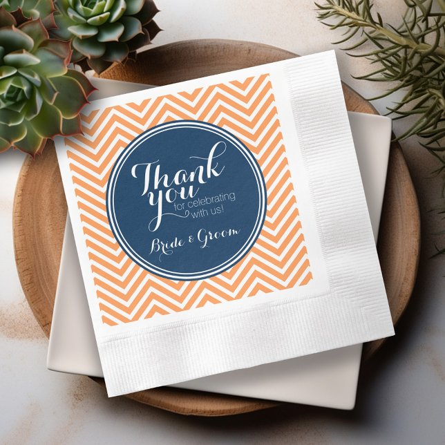 Serviette En Papier Navy et Orange - Mariage Merci Mariés (Personalized Wedding Thank You Napkins)