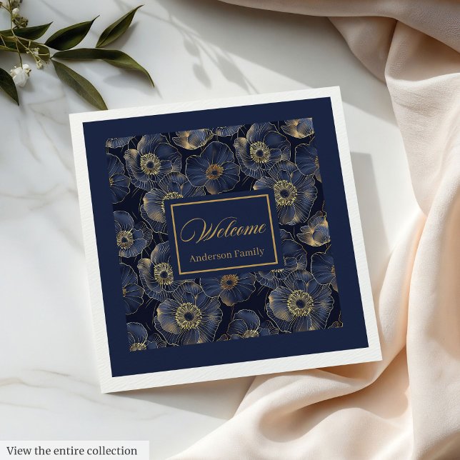 Serviette En Papier Navy Gold Lux Napkins Custom Name Floral Accent (Navy Gold Lux Napkins Custom Name Floral Accent)