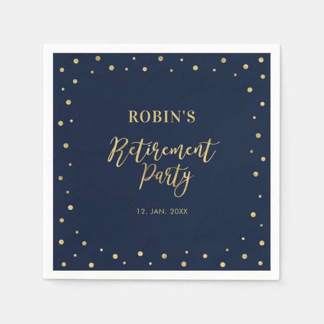 Serviette En Papier Navy & Or | Fête de Retraite Chic Confetti (Devant)