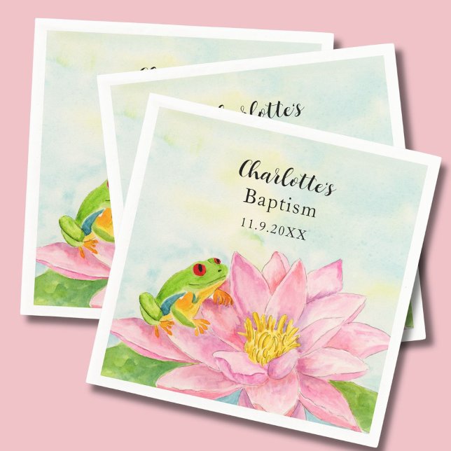Serviette En Papier Nénuphar rose et grenouille arboricole pour baptêm (Créateur téléchargé)