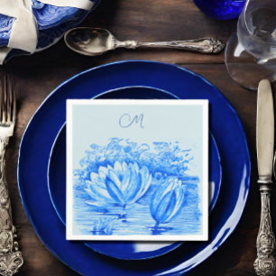 Serviette En Papier nénuphars vintages - bleu monogrammé
