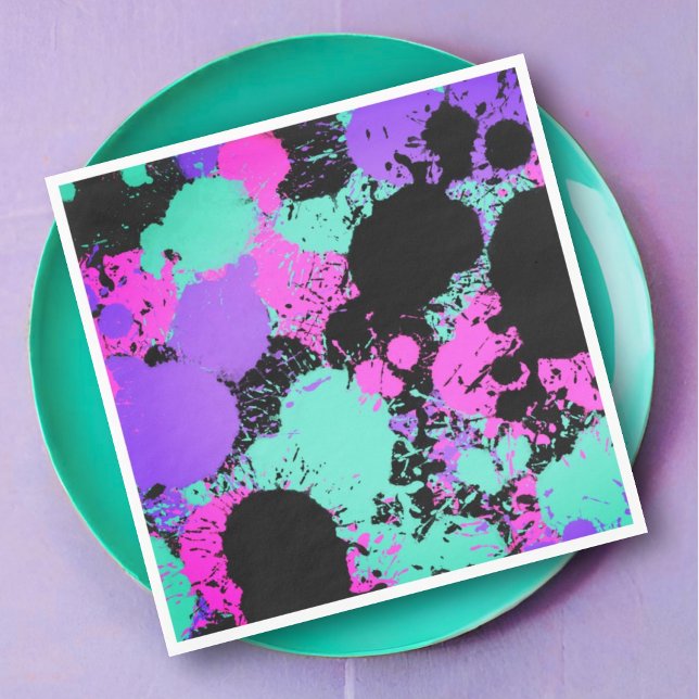 Serviette En Papier Neon Magenta Purple Turquoise Paint Splatter Anniv (Créateur téléchargé)