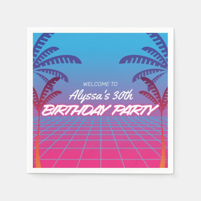 Serviette En Papier Neon Pink Blue Retro 80s Theme Anniversaire (Devant)