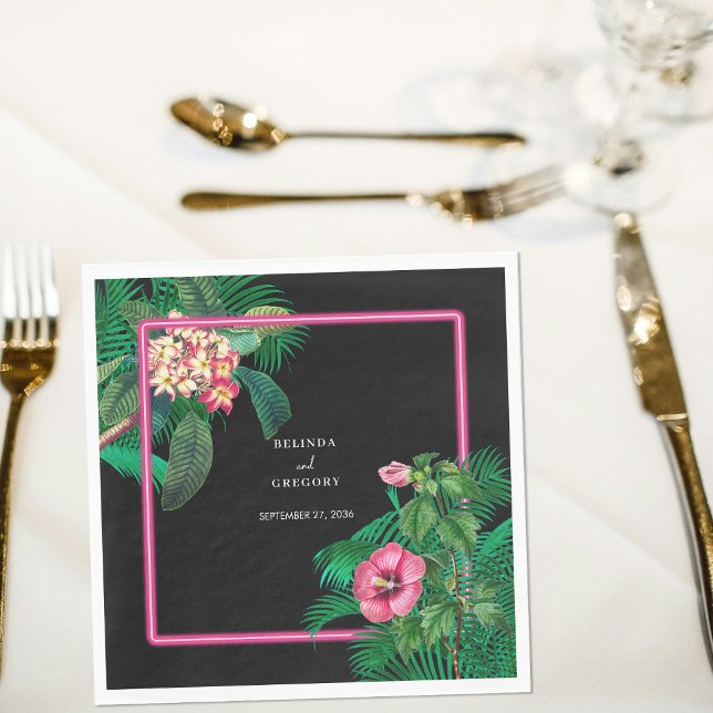 Serviette En Papier Neon Pink Tropical Retro Botanical Mariage (Neon Pink Tropical Retro Botanicals Wedding Napkins)