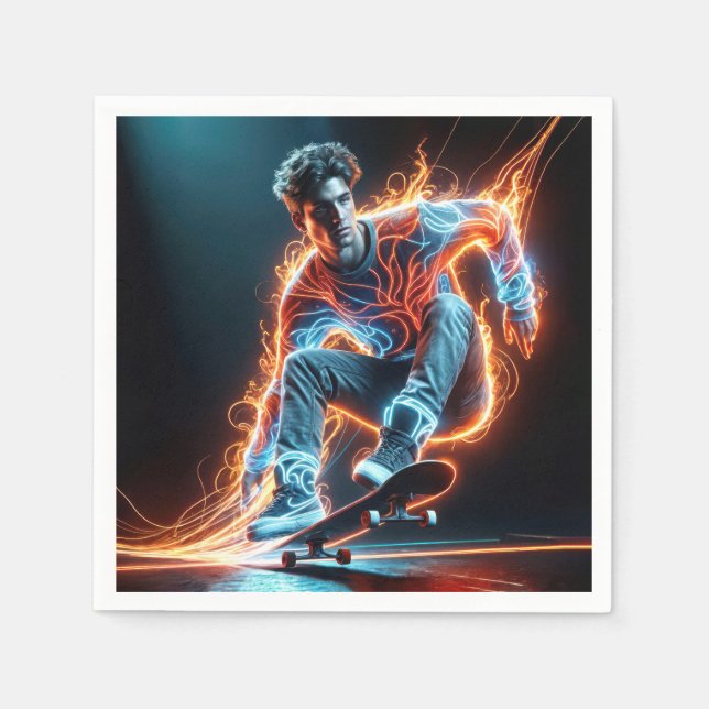 Serviette En Papier Neon Skateboarder Avec Des Pistes Fluisantes (Devant)