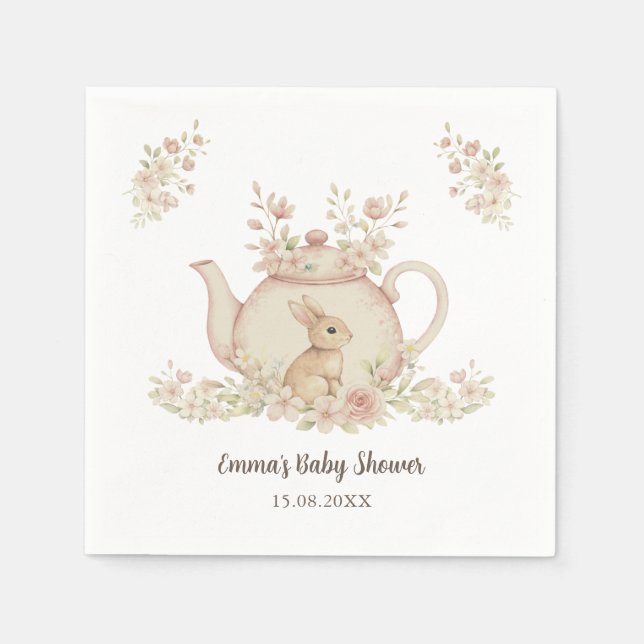 Serviette En Papier Neutral Bunny & Floral Teapot Baby Shower  (Devant)