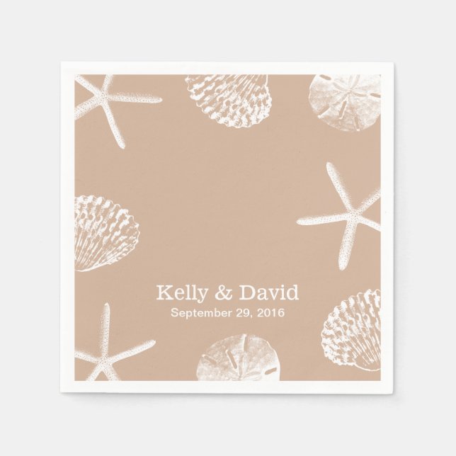 Serviette En Papier Neutre Beige Beach Thème Coquillages Mariage (Devant)