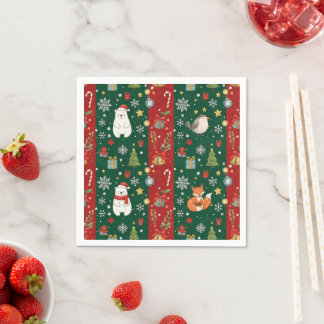Serviette En Papier New Year's print, bear, Christmas tree, fox, bird