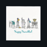 Serviette En Papier New York City New York Joyeux Hanoukka Chanukah Na<br><div class="desc">Il présente une illustration originale en stylo et en encre de divers monuments de New York "habillés" pour la saison des fêtes. Parfait pour Hanoukka !</div>
