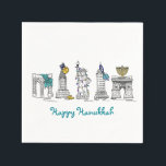 Serviette En Papier New York City New York Joyeux Hanoukka Chanukah Na<br><div class="desc">Il présente une illustration originale en stylo et en encre de divers monuments de New York "habillés" pour la saison des fêtes. Parfait pour Hanoukka !</div>