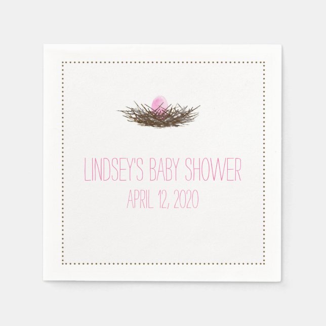 Serviette En Papier Nid d'oiseaux d'aquarelle | Baby shower fille (Devant)