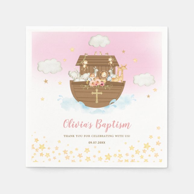 Serviette En Papier Noah's Ark Cute Animaux Fille Baptême Christening (Devant)