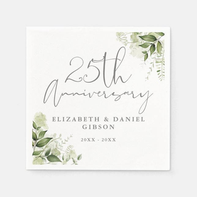 Serviette En Papier Noces de mariage 25 ans de verdure écriture argent (Devant)
