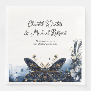 Serviette En Papier Noces de mariage bleu nuit et or avec papillon de 