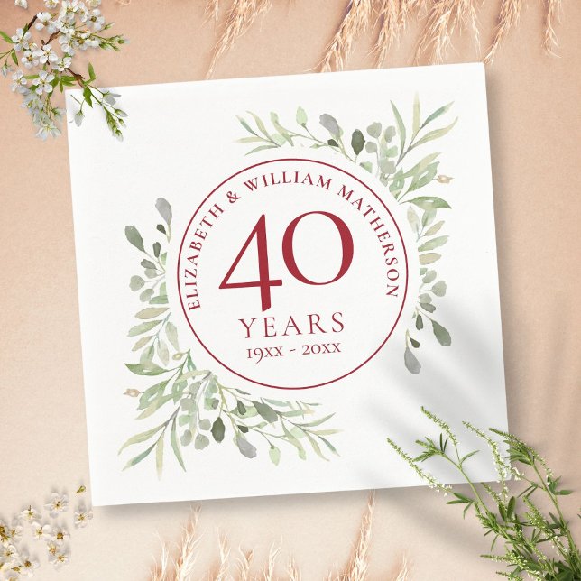 Serviette En Papier Noces de rubis 40 ans de mariage verdure de campag (Ruby 40th Wedding Anniversary Country Greenery Napkins)