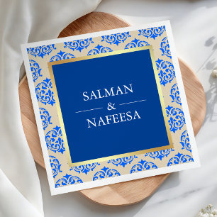 Serviette En Papier Noces en faux papier d'or damassé bleu