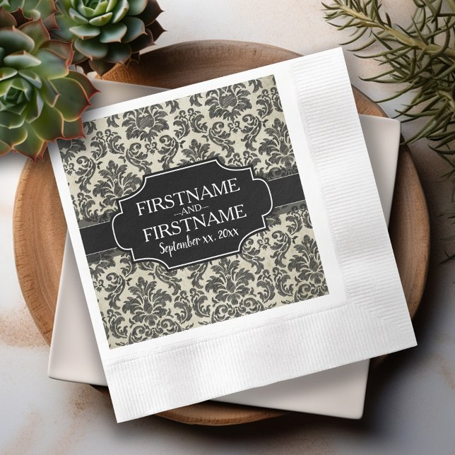 Serviette En Papier Noces gothiques de dentelle noire et de parchemin (Black Lace Personalized Wedding Napkins)