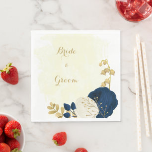 Serviette En Papier Noces romantiques bleu marine et fleurs blanches o