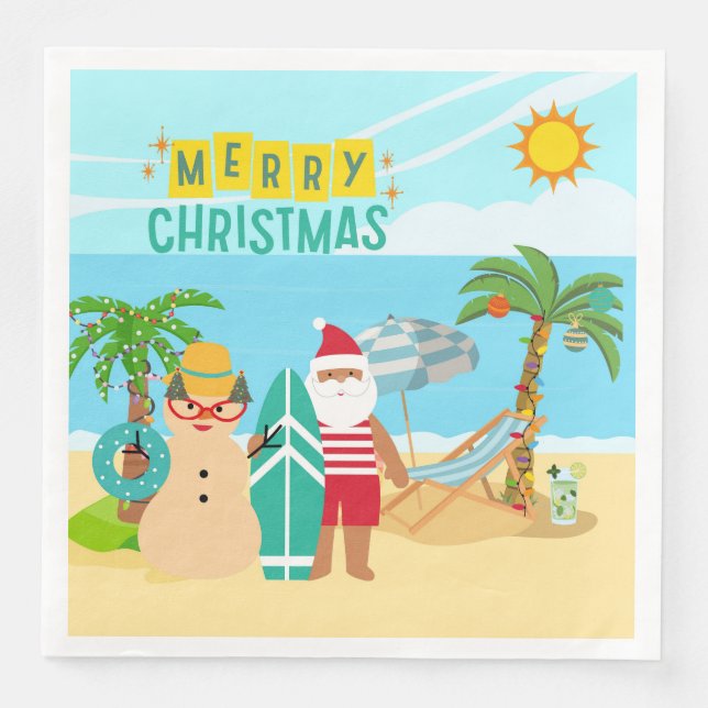Serviette En Papier Noël à la plage de Santa (Devant)