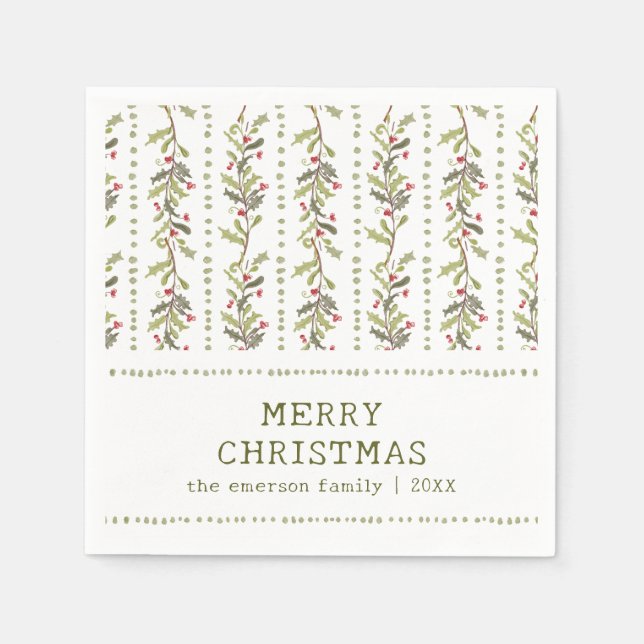 Serviette En Papier Noël Botanique Vert Rustique (Devant)
