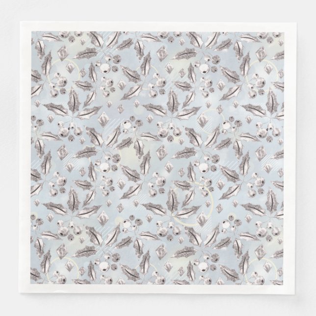 Serviette En Papier Noël, brindilles argentées, blanc, flocons de neig (Devant)