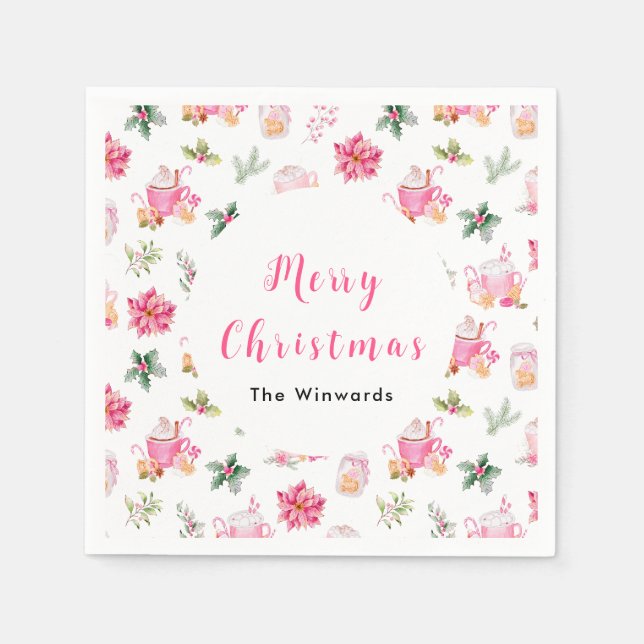 Serviette En Papier Noël cacao chaud et poinsettias roses (Devant)