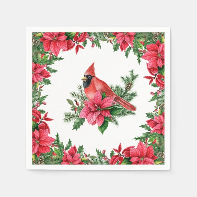 Serviette En Papier Noël Cardinal Rouge Poinsettia (Devant)