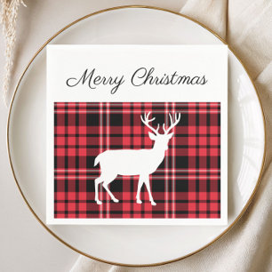 Serviette En Papier Noël Cerf Motif Tartan Rouge Écossais