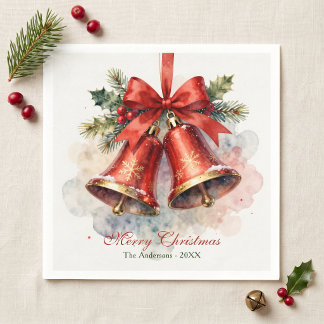 Serviette En Papier Noël Cloches Rouges Aquarelle Élégante Vintage
