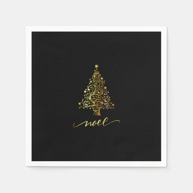 Serviette En Papier Noel d'arbre de Noël noir et or élégant (Devant)