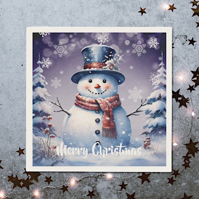 Serviette En Papier Noël de la forêt d'hiver | Pourpre (Purple Winter Forest Snowman Christmas Napkins)
