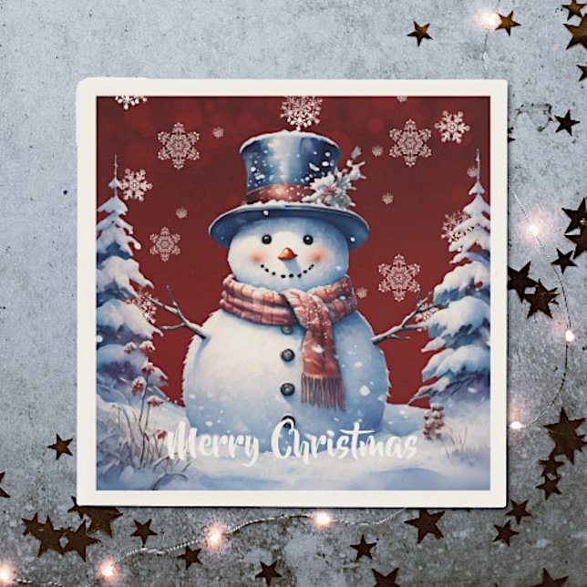 Serviette En Papier Noël de la forêt d'hiver | Red (Red Winter Forest Snowman Christmas Napkins)