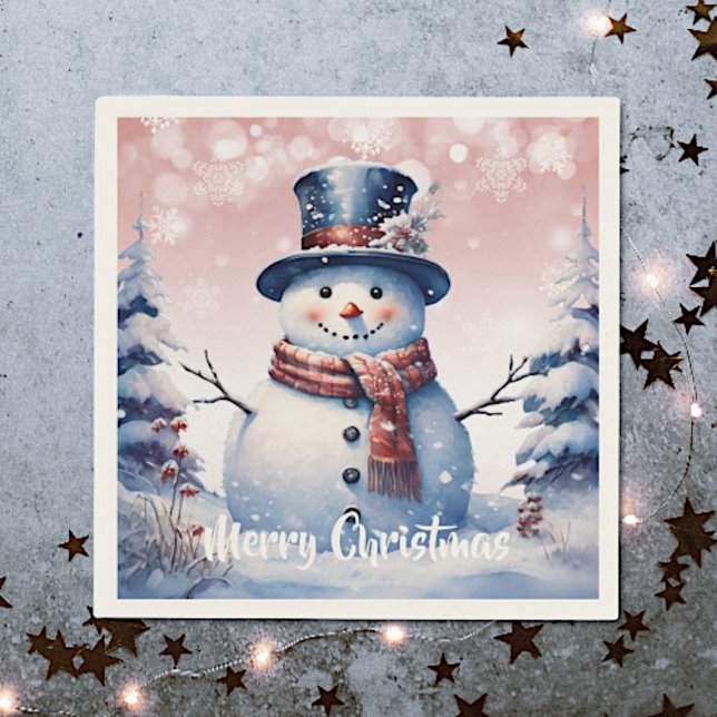 Serviette En Papier Noël de la forêt d'hiver | Rose (Pink Winter Forest Snowman Christmas Napkins)