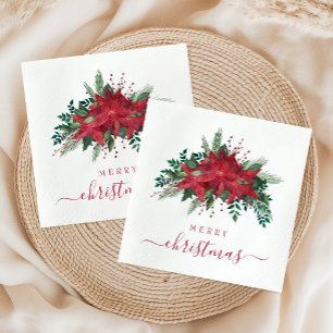 Serviette En Papier Noël élégant à poinsettia rouge floral script