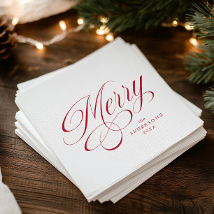 Serviette En Papier Noël Élégant Rouge Écriture Calligraphique