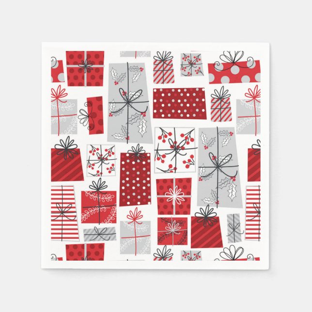 Serviette En Papier Noël Festif Rouge argent moderne Cadeaux (Devant)