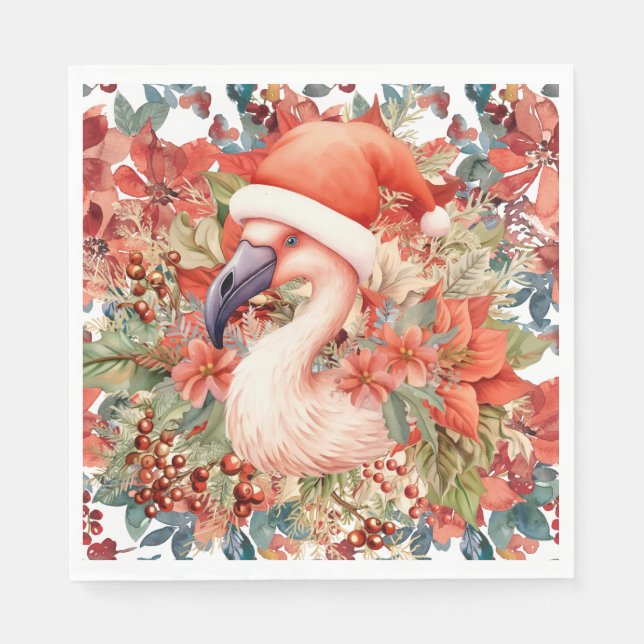 Serviette En Papier Noël Flamant rose avec Santa Hat et Poinsettia (Devant)