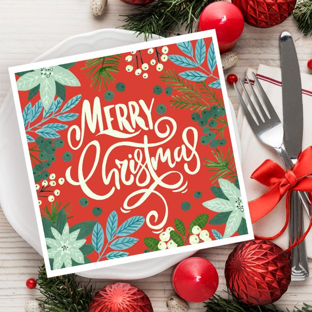 Serviette En Papier Noël floral rouge (Floral red Christmas Napkins)