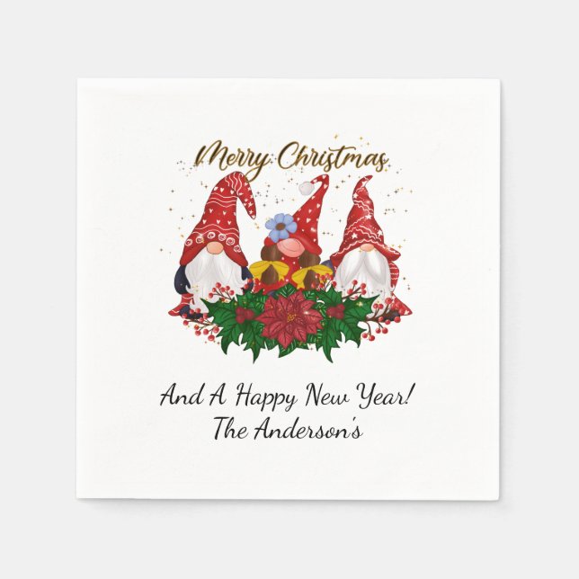 Serviette En Papier Noël Gnomes Poinsettia Whimsical Woodland (Devant)