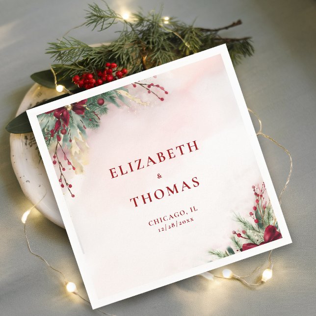 Serviette En Papier Noël hiver Baies rouges Aquarelle Verdure (winter christmas wedding bridal shower napkin greenery botanical berries red green gold watercolor)