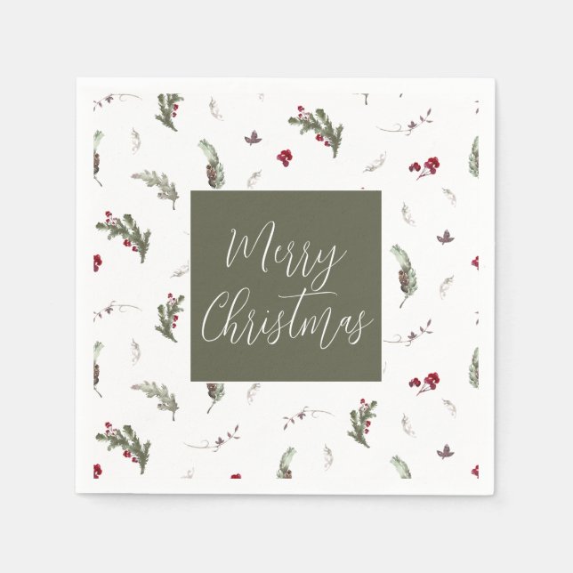 Serviette En Papier Noël hiver Napkins Vert Blanc Bourgogne (Devant)