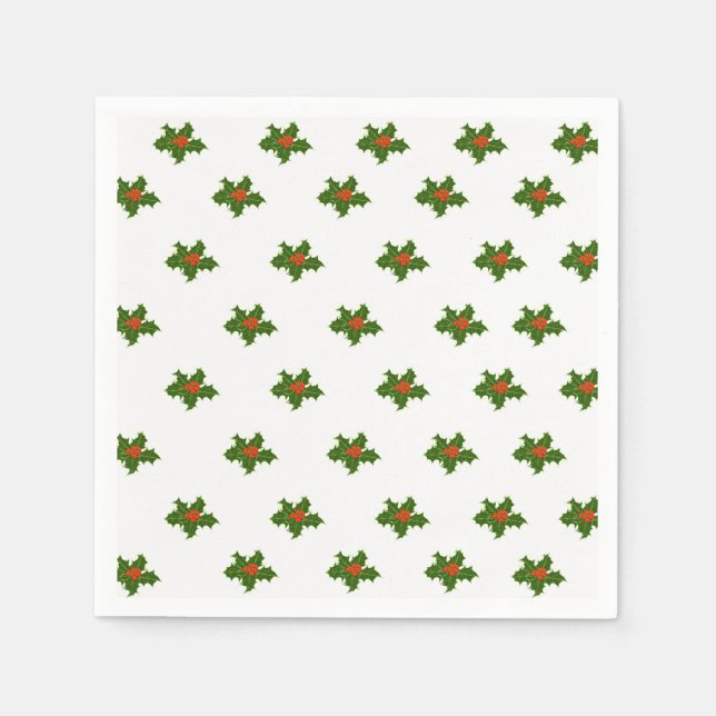 Serviette En Papier Noël Holly Motif Red Berries Feuilles verts (Devant)