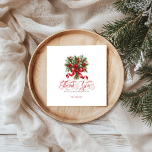 Serviette En Papier Noël houx rouge ruban Merci rouge typographie