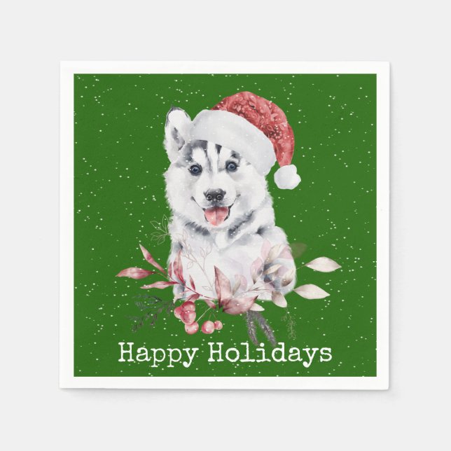 Serviette En Papier Noël Husky sur vert (Devant)