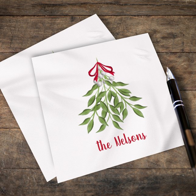Serviette En Papier Noël Joyeux Mistletoe Fêtes Whimsical mignonne (Christmas merry mistletoe watercolor simple customized calligraphy napkin. )