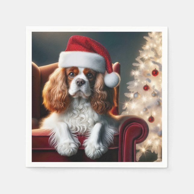 Serviette En Papier Noël Le roi Charles Spaniel sur une chaise rouge (Devant)