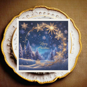 Serviette En Papier Noël magique - flocons de neige dorés sur bleu